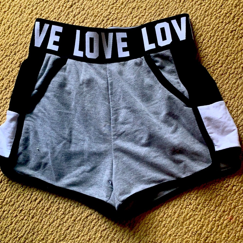Grey,white,and black love shorts.